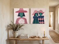 Bouquet Woman & Two Sisters — Set of 2 Original Oils, Pink & Emerald — original hand-painted oil shown on the wall in a styled room