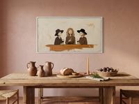Three Women with Wine Wide Wall Art — Original Palette-Knife Oil, Chocolate & Cream — original hand-painted oil shown on the wall in a styled room