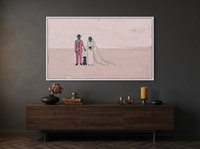 Wedding Couple and Dog Wide Wall Art — Original Palette-Knife Oil, Pink & Emerald — original hand-painted oil shown on the wall in a styled room