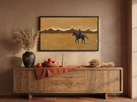 Lone Rider and Mountain Ridge Wide Wall Art — Original Palette-Knife Oil, Navy & Golden Ochre — original hand-painted oil shown on the wall in a styled room