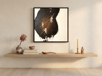 Dark Monolith Abstract Wall Art — Original Palette-Knife Oil, Black & Amber — original hand-painted oil shown on the wall in a styled room