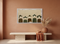 Row of Five Hatted Figures Wide Wall Art — Original Palette-Knife Oil, Olive & Brown — original hand-painted oil shown on the wall in a styled room