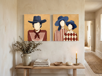 Cowboy & Two Cowgirls — Set of 2 Original Oils, Vermilion & Navy — original hand-painted oil shown on the wall in a styled room