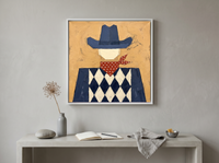 Harlequin Cowboy Wall Art — Original Palette-Knife Oil, Navy & Ochre — original hand-painted oil shown on the wall in a styled room