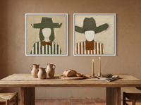 Cowgirl and Cowboy — Set of 2 Original Oils, Olive & Sienna — original hand-painted oil shown on the wall in a styled room