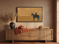Cowboy on Horseback Wide Wall Art — Original Palette-Knife Oil, Golden Ochre & Navy — original hand-painted oil shown on the wall in a styled room