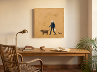 Dog Walker Wall Art — Original Palette-Knife Oil, Navy & Ochre — original hand-painted oil shown on the wall in a styled room