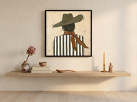 Cowgirl from Behind Wall Art — Original Palette-Knife Oil, Olive & Caramel — original hand-painted oil shown on the wall in a styled room
