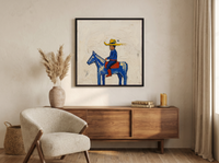 Cowboy on Horseback Wall Art — Original Pop-Colour Oil, Cobalt & Yellow — original hand-painted oil shown on the wall in a styled room