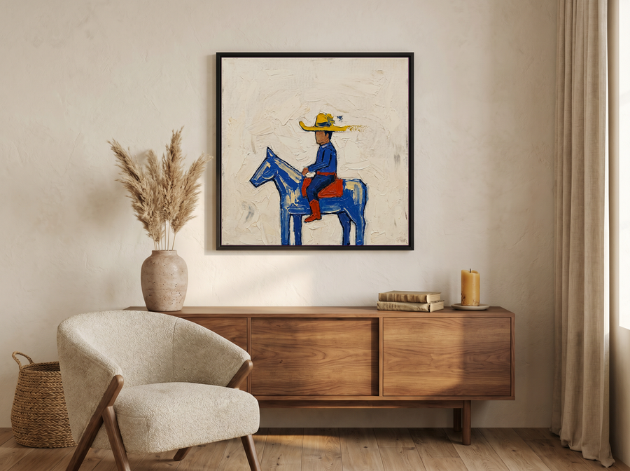 Cowboy on Horseback Wall Art — Original Pop-Colour Oil, Cobalt & Yellow