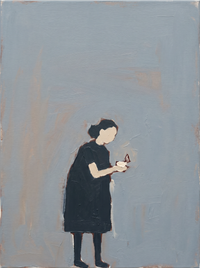 Oil painting of a shepherd in a dark navy coat and hat carrying a pale lamb on his shoulders, on a slate blue-grey ground.