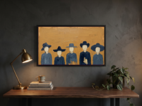 Row of Five Hatted Figures Wide Wall Art — Original Palette-Knife Oil, Slate Navy & Golden Ochre — original hand-painted oil shown on the wall in a styled room