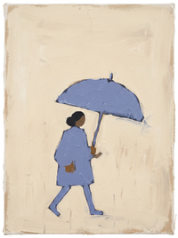 Oil painting of a man in a periwinkle coat and caramel trousers walking left, a small dachshund behind, on a pale oat ground.