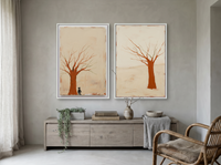 Mirrored Bare Trees — Set of 2 Original Oils, Rust on Cream — original hand-painted oil shown on the wall in a styled room