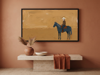 Cowboy on Horseback Wide Wall Art — Original Palette-Knife Oil, Golden Ochre & Navy — original hand-painted oil shown on the wall in a styled room