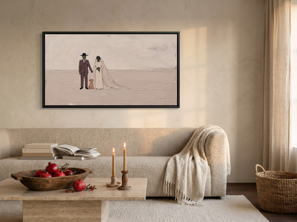 Wedding Couple and Dog Wide Wall Art — Original Palette-Knife Oil, Mauve & Blush