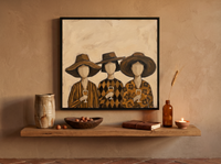 Three Women in Hats Wall Art — Original Palette-Knife Oil, Chocolate & Tan — original hand-painted oil shown on the wall in a styled room