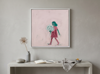 Girl with a Bouquet Wall Art — Original Palette-Knife Oil, Pink & Emerald — original hand-painted oil shown on the wall in a styled room