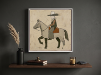 Cowboy on Horseback Wall Art — Original Palette-Knife Oil, Grey & Olive — original hand-painted oil shown on the wall in a styled room