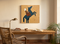 Rider on a Rearing Horse Wall Art — Original Palette-Knife Oil, Slate Blue & Ochre — original hand-painted oil shown on the wall in a styled room