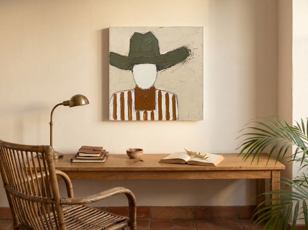 Cowboy in a Wide Hat Wall Art — Original Palette-Knife Oil, Olive & Rust