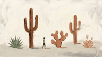 Original wide oil painting of sage agave and terracotta saguaro and prickly-pear cacti with a tiny walking figure across a pale cream desert plain