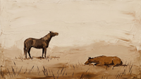 Original wide oil painting of one chocolate horse standing head-up and a rust horse lying in the grass on a cream field, palette-knife texture