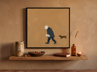 Man Walking His Dachshund Wall Art — Original Oil, Navy & Ochre — original hand-painted oil shown on the wall in a styled room