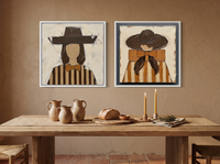 Cowgirls Turning Toward Each Other — Set of 2 Original Oils, Chocolate & Tan — original hand-painted oil shown on the wall in a styled room