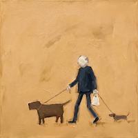 Original oil painting of a man in a deep navy coat with a cream head walking a warm-brown dog and a dachshund, a cream bag in hand, on a golden ochre ground