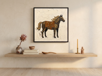 Standing Horse Wall Art — Original Palette-Knife Oil, Brown & Rust — original hand-painted oil shown on the wall in a styled room