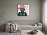 Lady in a Pink Hat Wall Art — Original Palette-Knife Oil, Pink & Navy — original hand-painted oil shown on the wall in a styled room