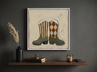 Cowboy Boots Wall Art — Original Palette-Knife Oil, Olive & Rust — original hand-painted oil shown on the wall in a styled room