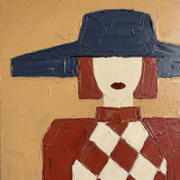 Original oil painting of a woman in a wide navy hat with a cream oval face, oxblood lips, rust hair, and an oxblood and cream harlequin bodice, on a golden ochre ground