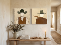 Cowboy Pair, Front & Back — Set of 2 Original Oils, Olive & Rust — original hand-painted oil shown on the wall in a styled room