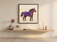 Standing Horse Wall Art — Original Palette-Knife Oil, Magenta & Cobalt — original hand-painted oil shown on the wall in a styled room