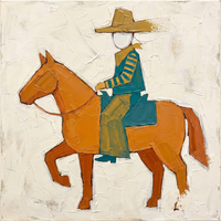 Original oil painting of a faceless rider in a mustard hat and teal jacket on a pumpkin-orange horse, on a cream ground