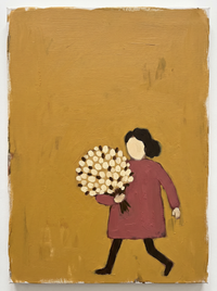 Oil painting of a woman in a clay-rose dress holding a dark open umbrella above her head, looking down, on a mustard-gold ground.