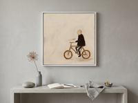 Cyclist Wall Art — Original Palette-Knife Oil, Black & Ochre — original hand-painted oil shown on the wall in a styled room