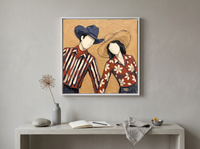 Dancing Couple Wall Art — Original Palette-Knife Oil, Navy & Red — original hand-painted oil shown on the wall in a styled room