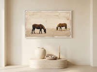Two Grazing Horses Wide Wall Art — Original Palette-Knife Oil, Chocolate & Cream — original hand-painted oil shown on the wall in a styled room