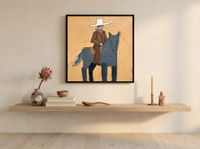 Cowgirl on Horseback Wall Art — Original Palette-Knife Oil, Slate & Ochre — original hand-painted oil shown on the wall in a styled room