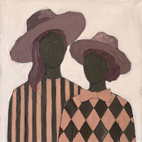 Original oil painting of two blank-faced women under drooping mauve floppy hats, one in charcoal and rose stripes and one in rose and charcoal diamonds with a dusty-rose bow, on a cream ground