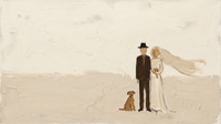 Original wide oil painting of a groom in a chocolate suit and black hat beside a bride in a cream gown with a tan veil and a rust-brown dog, set right of a wide warm-cream field