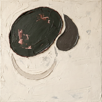 Original textured oil painting of a near-black charcoal oval veined with oxblood and rose, a dark teardrop and a pale grey crescent, on a cream plaster ground, heavy palette-knife impasto.