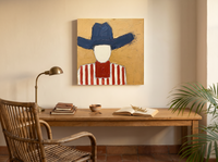 Cowboy in a Wide Hat Wall Art — Original Palette-Knife Oil, Navy & Red — original hand-painted oil shown on the wall in a styled room