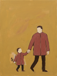 Oil painting of a father in a clay-rose coat walking hand in hand with a small child in a matching coat holding an olive sprig, on a mustard-gold ground.