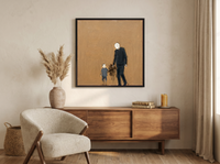 Father & Child Walking Wall Art — Original Palette-Knife Oil, Navy & Ochre — original hand-painted oil shown on the wall in a styled room