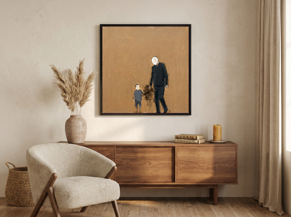 Father & Child Walking Wall Art — Original Palette-Knife Oil, Navy & Ochre