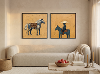 Standing Horse & Small Rider — Set of 2 Original Oils, Blue-Grey & Ochre — original hand-painted oil shown on the wall in a styled room